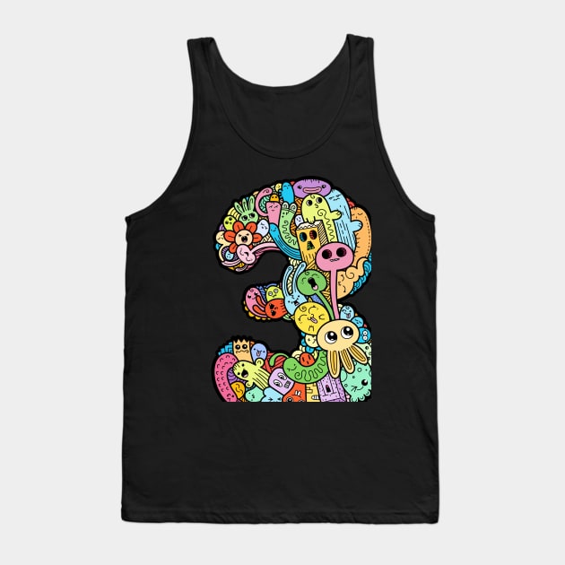 Number 3 three - Funny and Colorful Cute Monster Creatures Tank Top by funwithletters